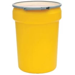 30 Gallon Yellow Plastic Drum, Taper Sided, UN Rated, Cover W/Metal Lever Lock