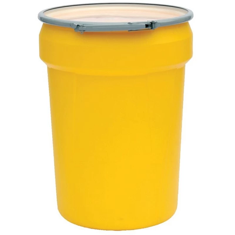 30 Gallon Yellow Plastic Drum, Taper Sided, UN Rated, Cover W/Metal Lever Lock 3 30 Gallon Yellow Plastic Drum, Taper Sided, UN Rated, Cover W/Metal Lever Lock