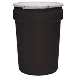 30 Gallon Black Plastic Drum, Taper Sided, UN Rated, Cover W/Metal Lever Lock