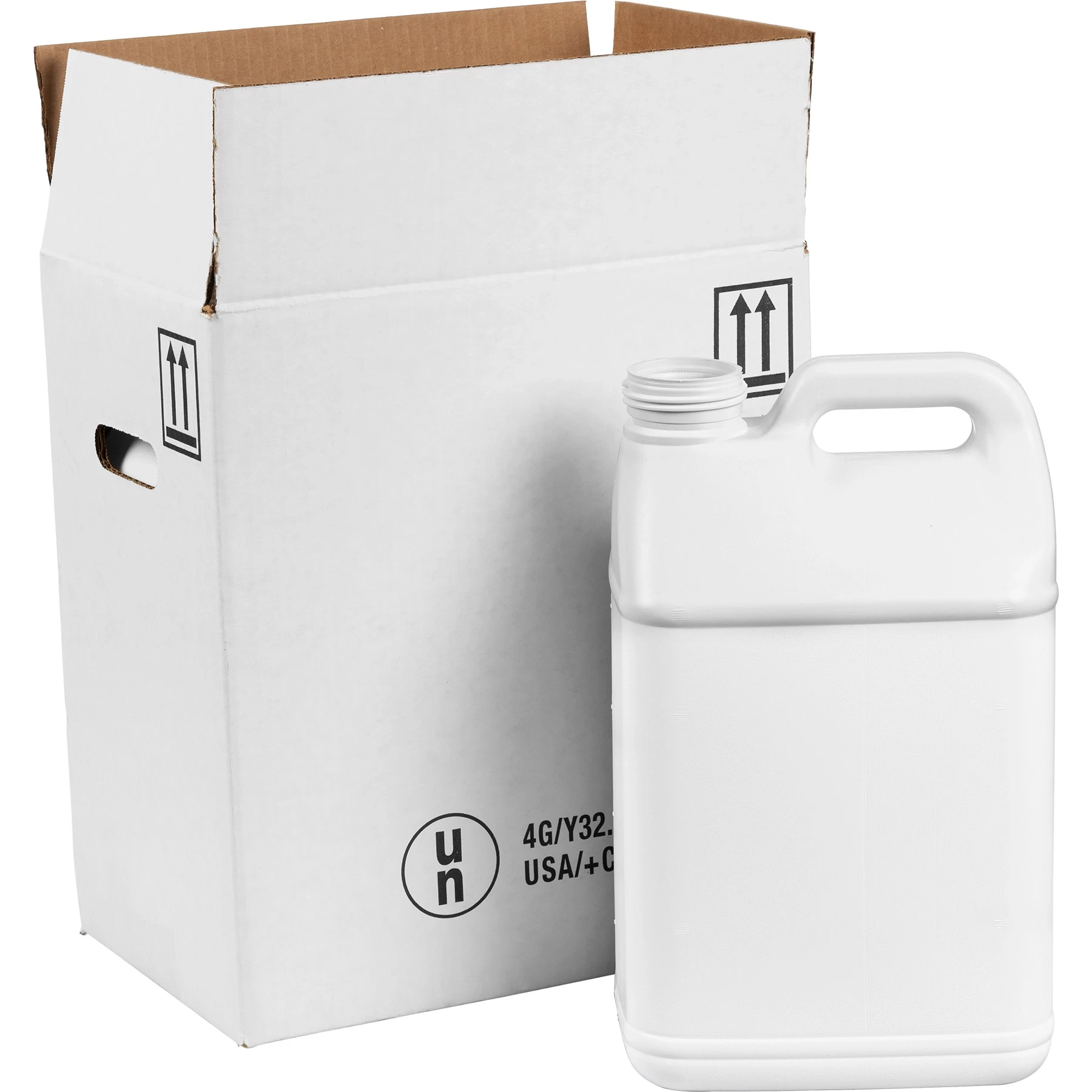 2.5 Gallon White HDPE Plastic F-Style Bottle, 63mm 63-445, 2x1 Reshipper Box, UN Rated 3 2.5 Gallon White HDPE Plastic F-Style Bottle, 63mm 63-445, 2x1 Reshipper Box, UN Rated
