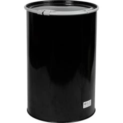 55 Gallon Steel Drum, Black, Straight Sided, Unlined, 20GA, Cover W/Lever Lock Ring
