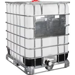 330 Gallon Schuetz IBC Tote, Rebottled, UN Rated, 2" Camlock Valve, Various Pallet Styles