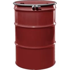55 Gallon Mobil Red Steel Drum, Reconditioned, UN Rated, Unlined, Cover W/Bolt Ring, 2" & 3/4" Fittings