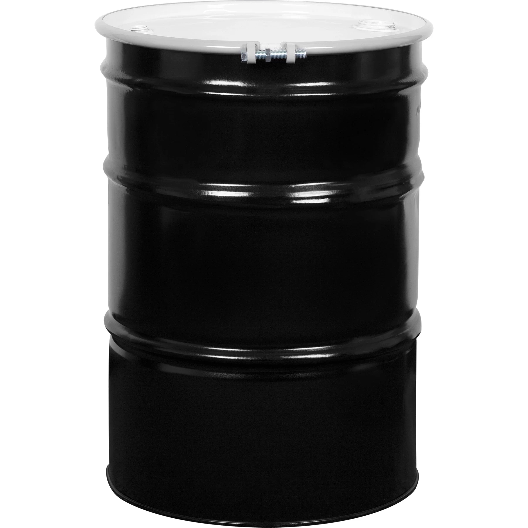 55 Gallon Steel Drum, Black, Reconditioned, UN Rated, Unlined, Cover W/Bolt Ring, 2" & 3/4" Fittings