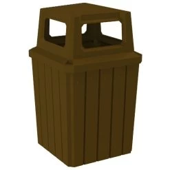52 Gallon Brown Square Slatted Trash Receptacle, 4-Way Open Lid