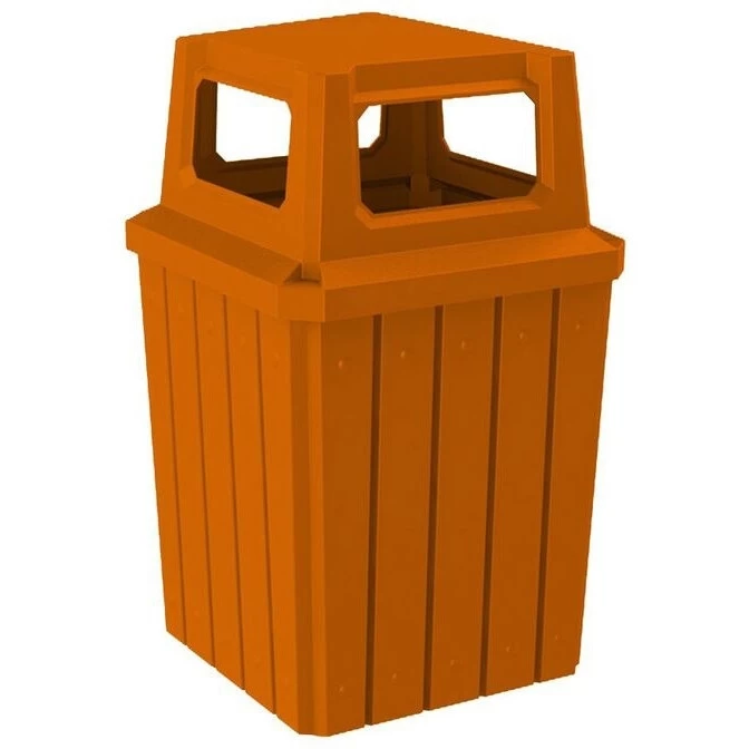 52 Gallon Orange Square Slatted Trash Receptacle, 4-Way Open Lid 3 52 Gallon Orange Square Slatted Trash Receptacle, 4-Way Open Lid