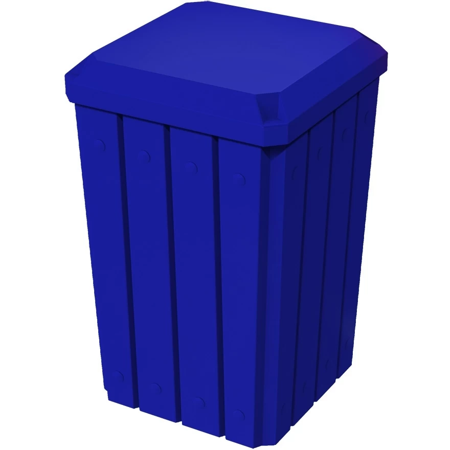 32 Gallon Blue Slatted Square Trash Receptacle, Flat Lid Dust Cover 3 32 Gallon Blue Slatted Square Trash Receptacle, Flat Lid Dust Cover