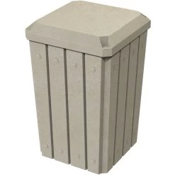 32 Gallon Beige Granite Slatted Square Trash Receptacle, Flat Lid Dust Cover