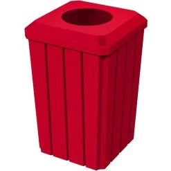 32 Gallon Red Slatted Square Trash Receptacle, Flat Top 11.5" Opening Lid