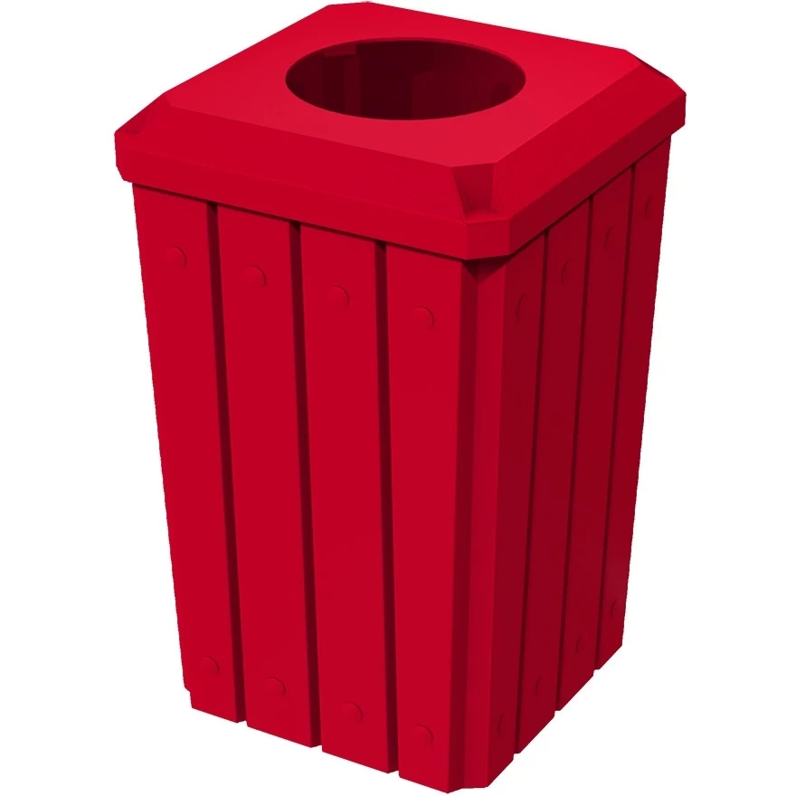32 Gallon Red Slatted Square Trash Receptacle, Flat Top 11.5" Opening Lid 3 32 Gallon Red Slatted Square Trash Receptacle, Flat Top 11.5" Opening Lid
