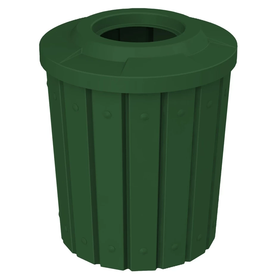 42 Gallon Green Slatted Trash Receptacle, Flat Top 11.5" Opening Lid 3 42 Gallon Green Slatted Trash Receptacle, Flat Top 11.5" Opening Lid