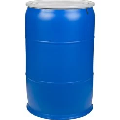 57 Gallon Blue Plastic Drum, UN Rated, Cover W/Bolt Ring