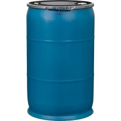 57 Gallon Blue Plastic Drum, UN Rated, 2” & 3/4” Fittings, Black Cover W/Lever Lock Ring