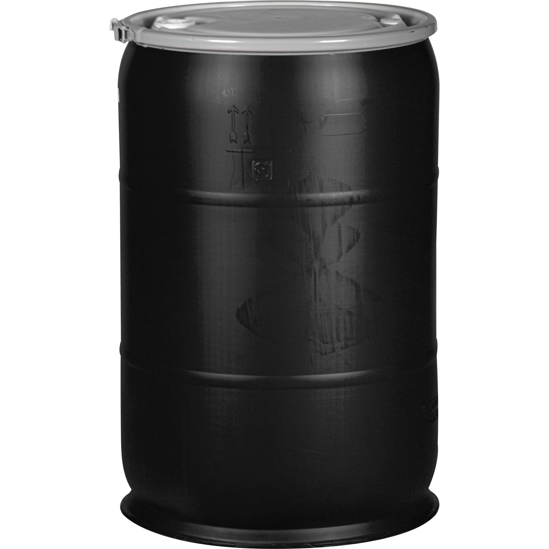 57 Gallon Black Plastic Drum, UN Rated, 2" & 3/4" Fittings, Cover W/Lever Lock Ring