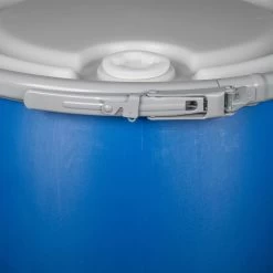 57 Gallon Blue Plastic Drum, UN Rated, 2" & 3/4" Fittings, Cover W/Lever Lock Ring Closure -container 57 gallon blue open head plastic drum un rated 2 22 and 3 4 22 fittings cover with lever lock ring closure 56w54b 5