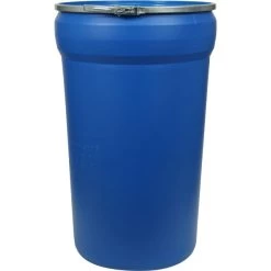 55 Gallon Blue Plastic Drum, Taper Sided, UN Rated, Cover W/Metal Lever Lock